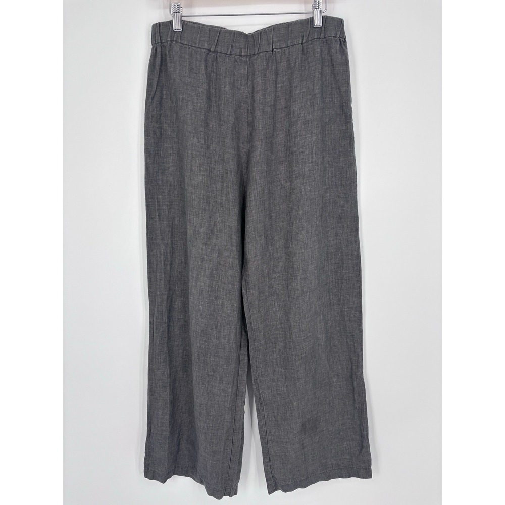 Eileen Fisher Grey Organic Linen Wide Leg Crop Pants Womens M Elastic Waist Lux
